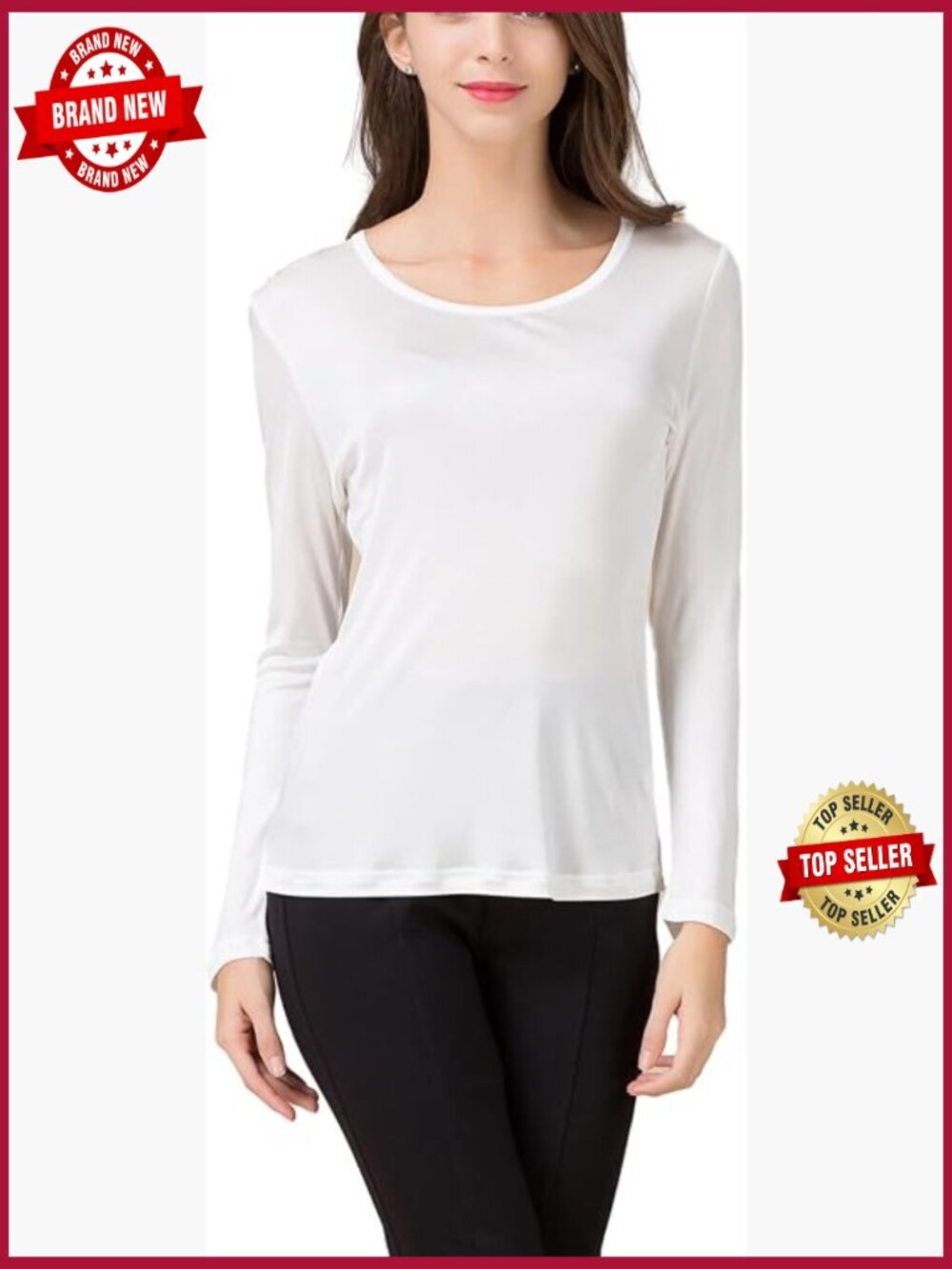 100% Mulberry Silk Crew Neck T-Shirt Long Sleeve Knit Tee Shirt